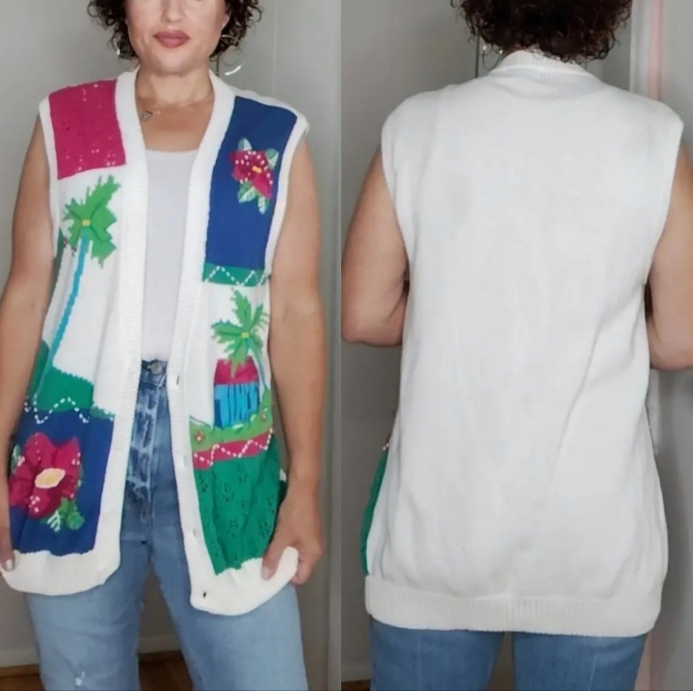 Koret Francisca Vintage Cotton Sweater Cardigan Palm Trees Vest Medium